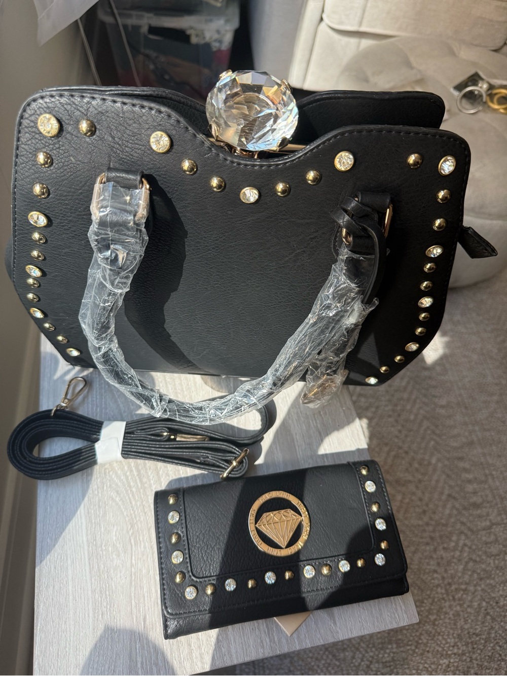Traci Lynn Black Studded Dome Handbag Set w Matching Wallet Crystal Diamond Top